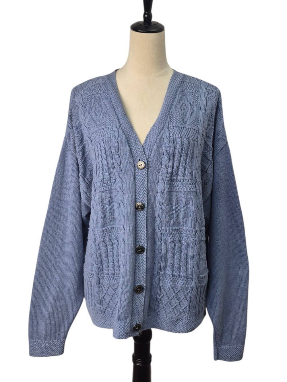VTG L. L. Bean Cable Knit Cardigan Sweater Sz L Blue Fisherman Coastal Cottage